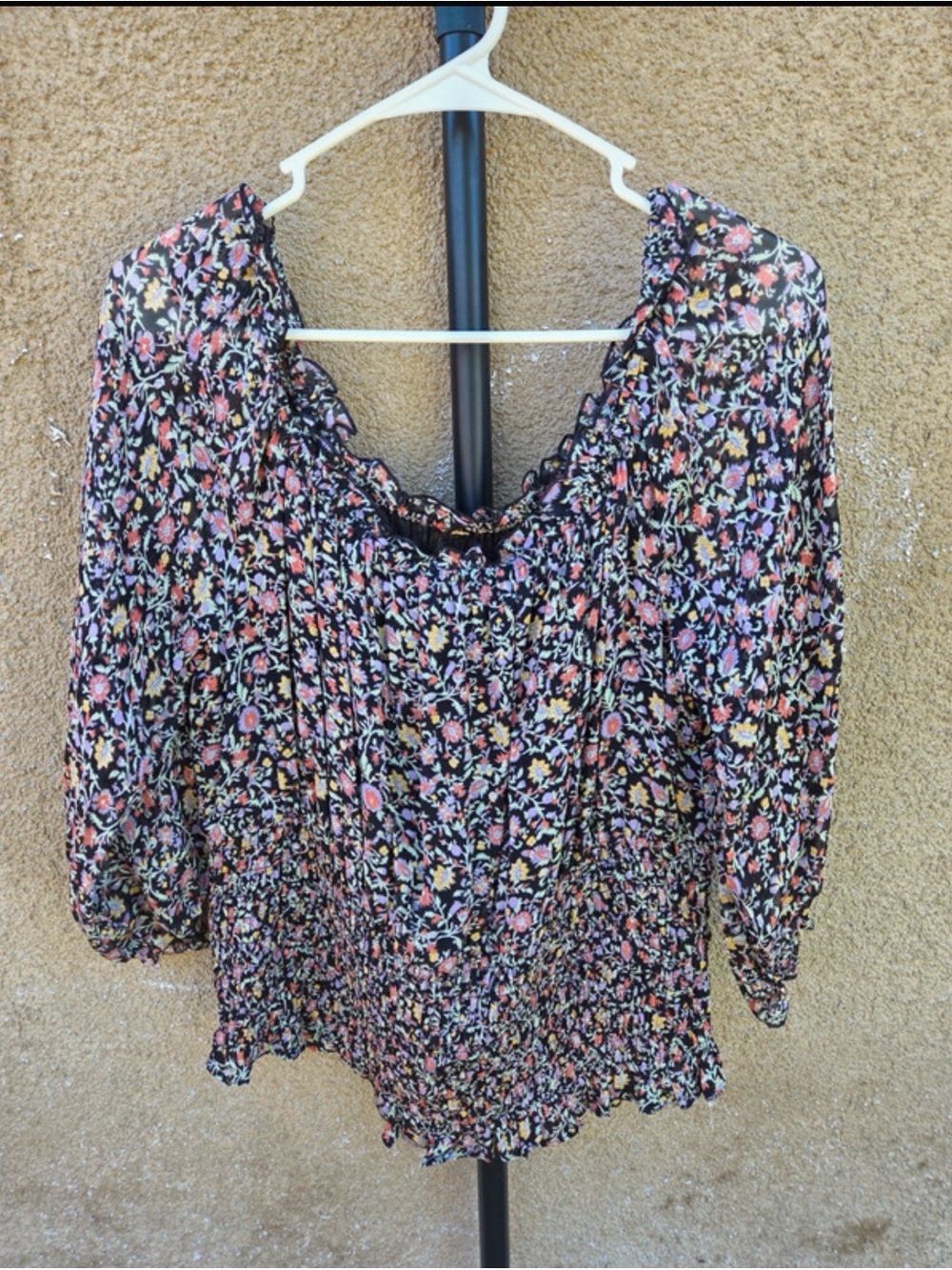 Anthropologie Black Floral Smocked Off-Shoulder Crop Top Cottagecore Romantic - Picture 3 of 7
